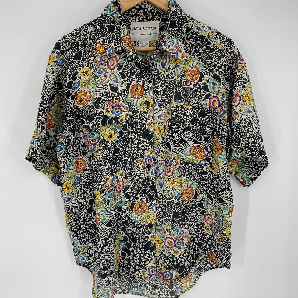 Hattie Carnegie Shirt Vintage Women’s Medium Button Up‎ Floral Silk